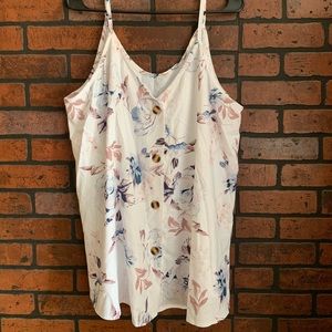 White button camisole with purple & pink leaves